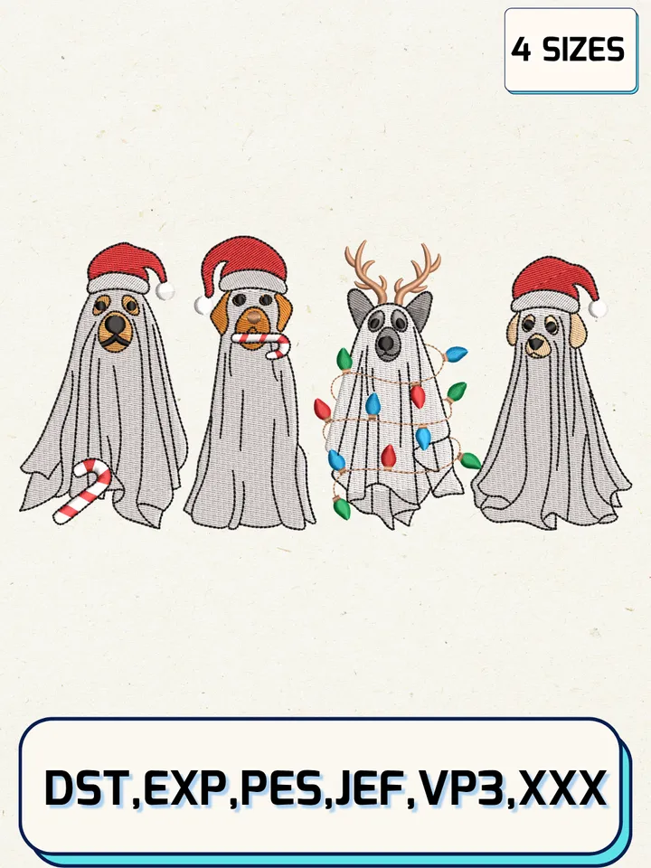 Four Ghost Dog Spooky Christmas Embroidery Design,Christmas Embroidery Designs,Machine Embroidery Files,Ghost Dog Embroidery Design,4 Sizes