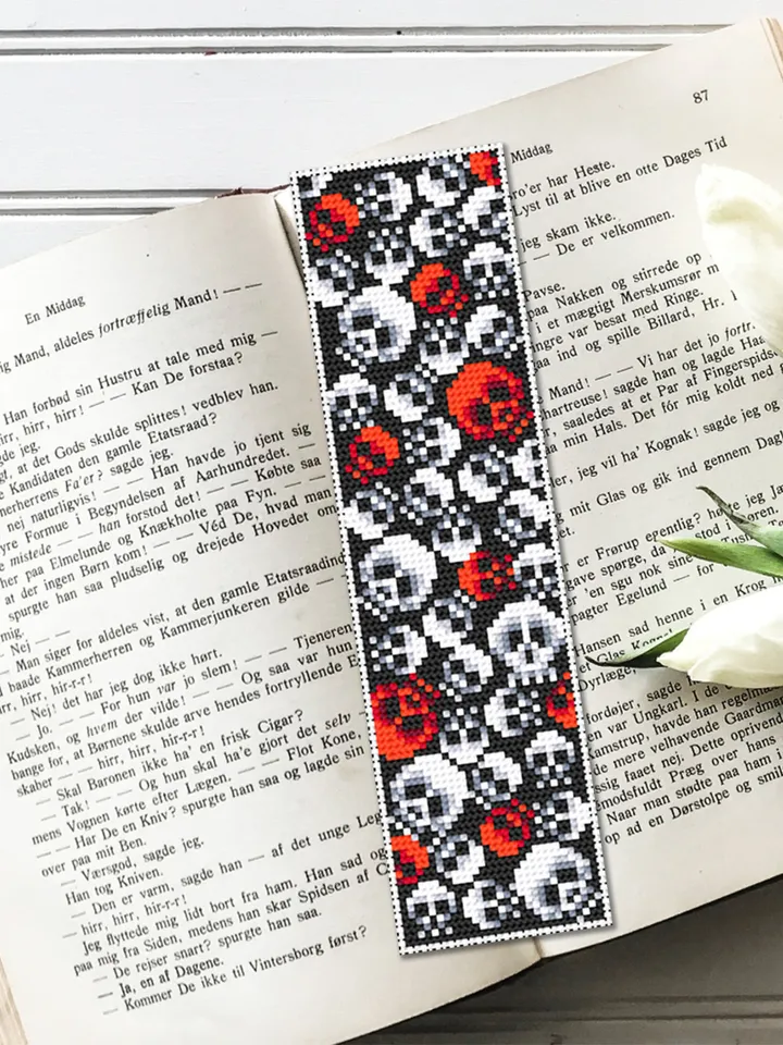 Gothic bookmark cross stitch pattern download PDF Spooky handmade bookmark pattern Halloween skulls cross stitch chart Gothic ornament #B108