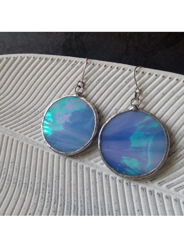 Iridescent stained glass blue earrings, Dichroic earrings, Duochrome earrings, Round stained glass