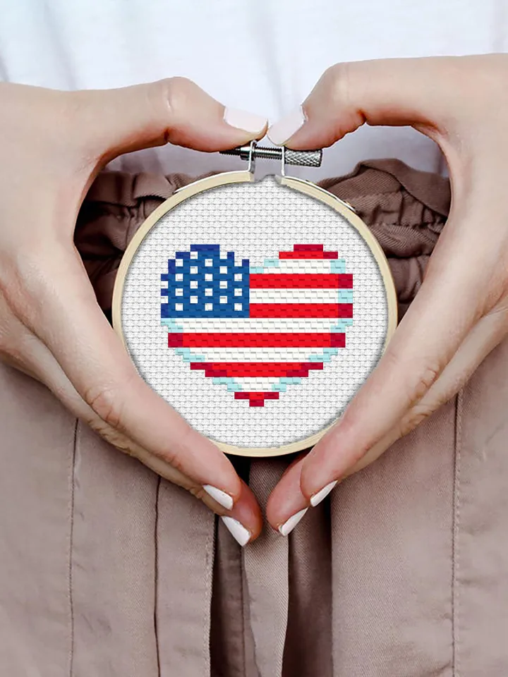 American flag heart cross stitch pattern PDF download Patriotic cross stitch chart, Independence Day 4th of July, USA flag cross stitch #T18