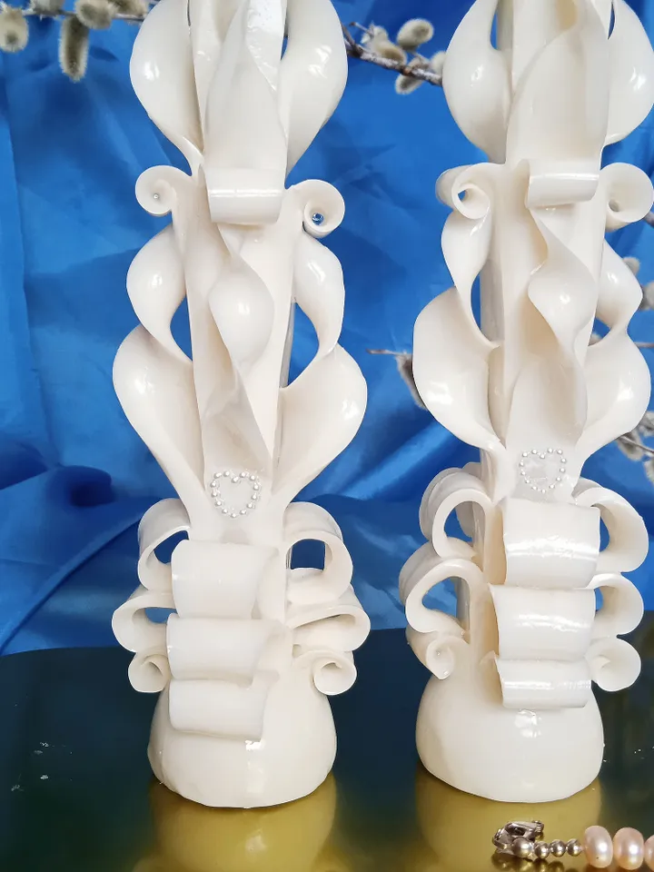 Carved candle set, Large candle height is 8 inches, two thin candles height is 9.8 inches