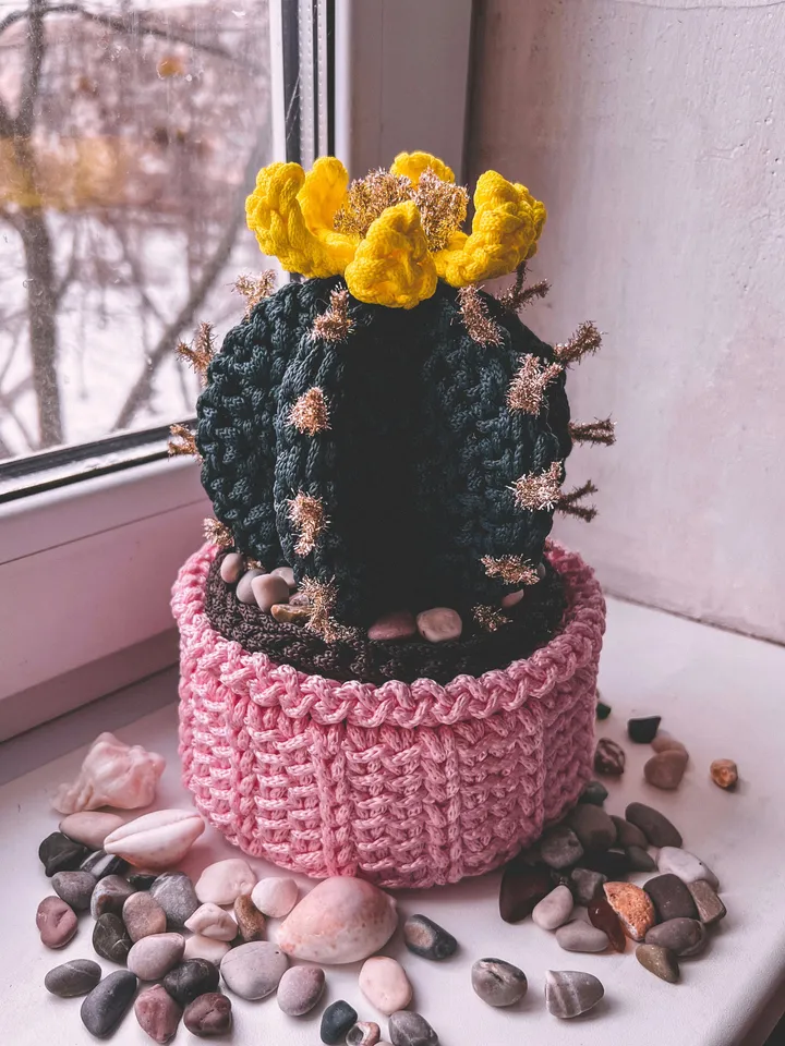 Easter basket cactus crochet pattern PDF, basket with lid, central table ornament, fireplace decoration, digital instant download