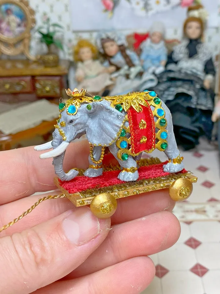 Elephant on a cart. Miniature. 1:12. Toy for a doll. Elephant. Animal for a doll.