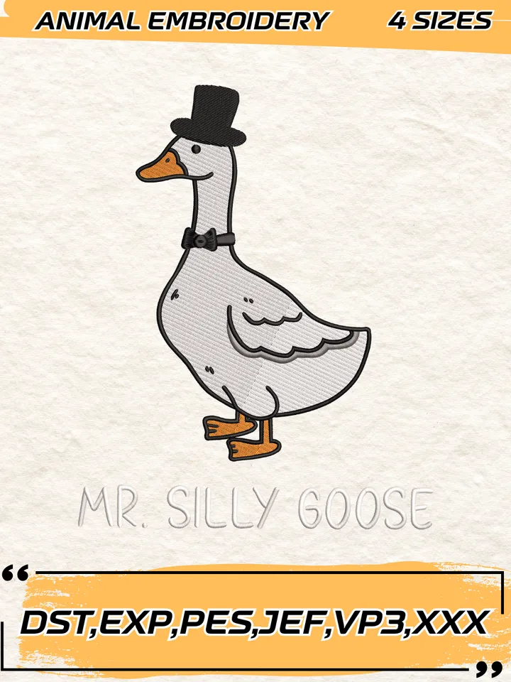 Mr. Silly Goose Embroidery Design,Animal Embroidery Design,Silly Goose Design,4 Sizes,Digital Download