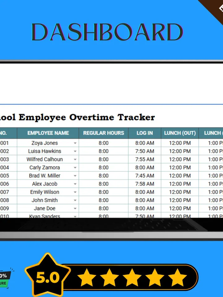 School Employee Overtime Tracker Template, Teacher Timesheet, HR Payroll Management Tool for Schools