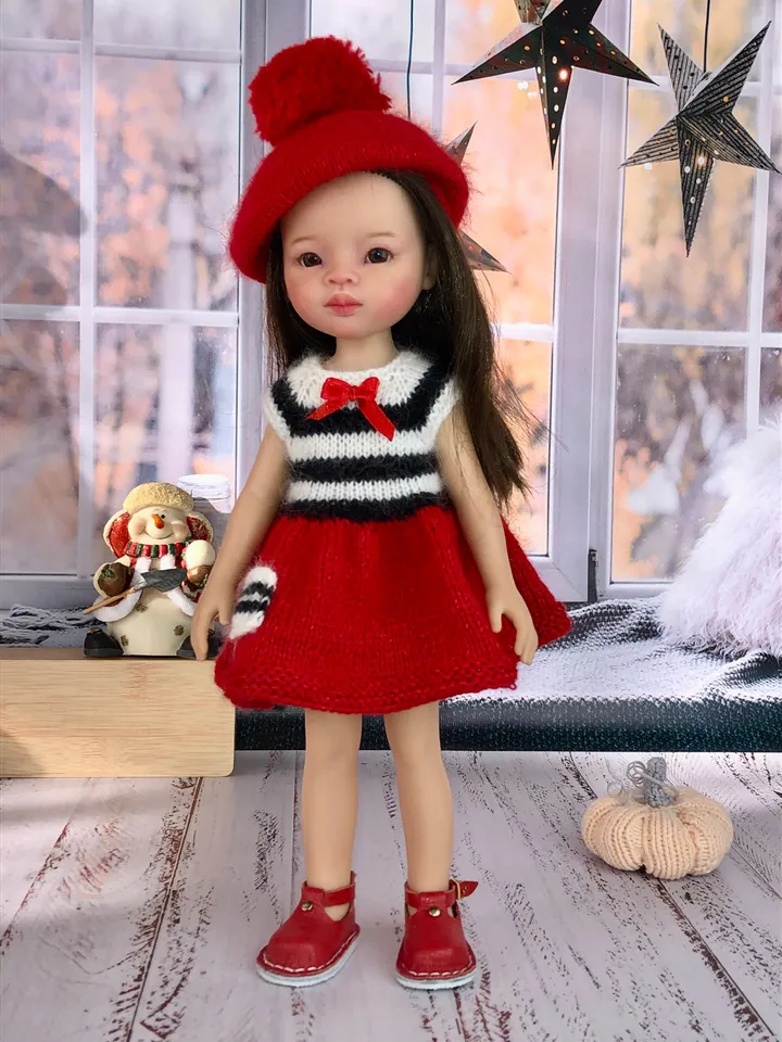 French Dress for Paola Reina doll KNIT PATTERN Oar dress for Boneka 12-13 inch doll, Ruby Red Siblies, Les Cheries 32 cm PDF eng