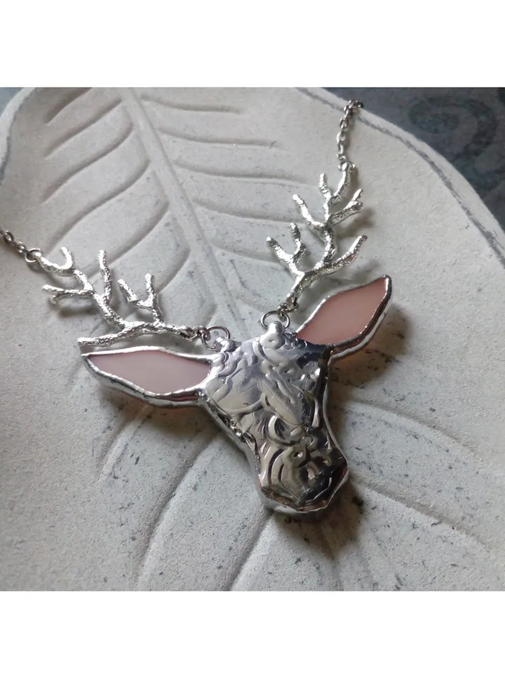 Deer antler jewelry, Deer head necklace, Noel, Yule jewelry. Christmas deer, stag head pendant