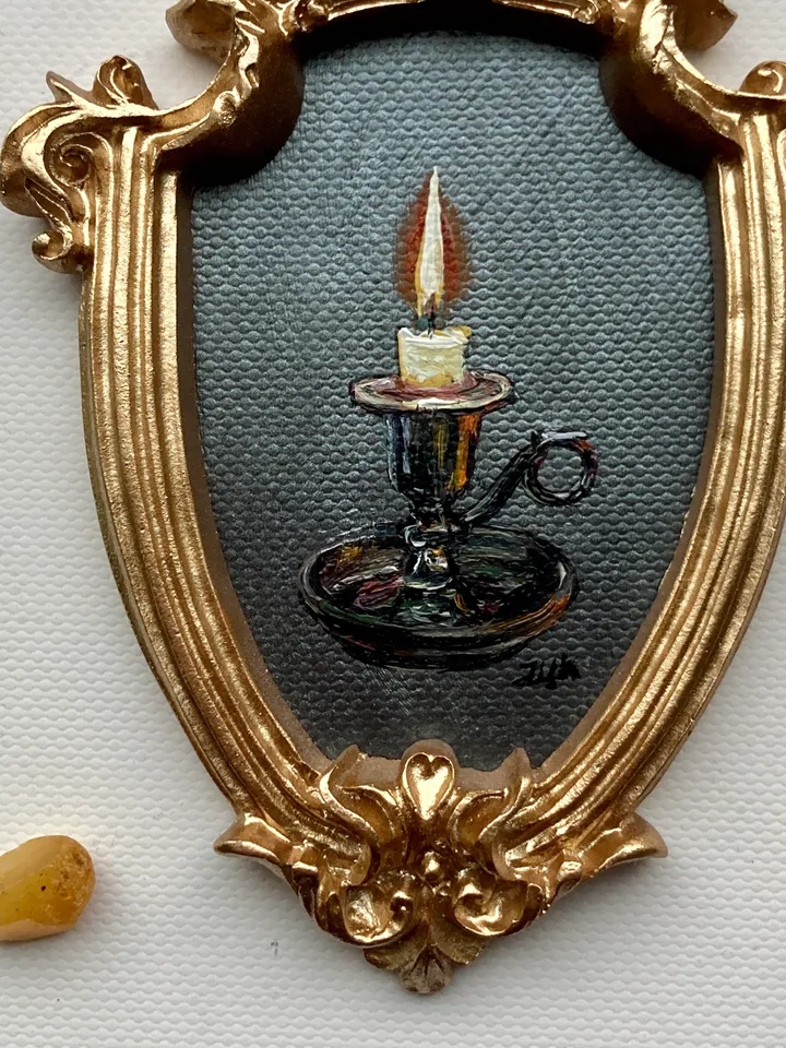 Candle Oil Painting Original In Vintage Style Frame Small Framed Still Life Art
