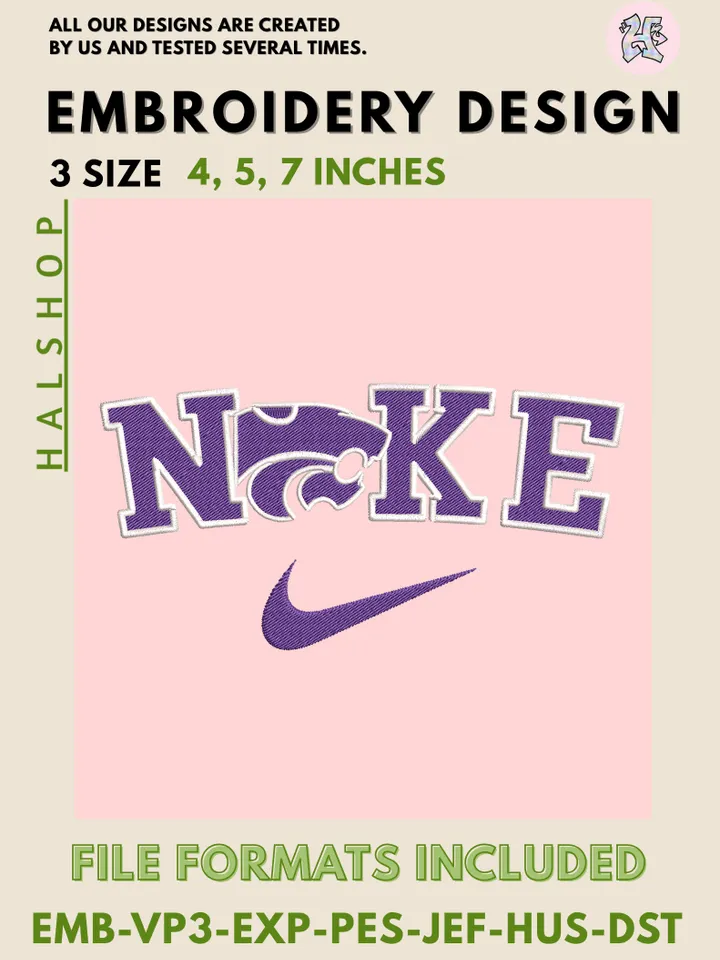 NCAA Kansas State Wildcats Nike Logo Embroidery Design | Machine Embroidery File | 3 Sizes, 6 Formats | NCAA College Team Design