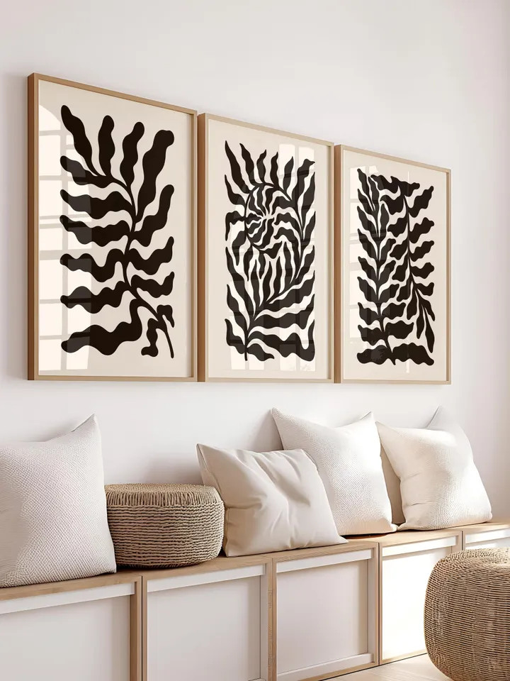 Minimalist Leaf Wall Art Set of 3 Prints, Modern Black Botanical Poster, Neutral Abstract Art, Boho Decor, Digital Wall Art Printable