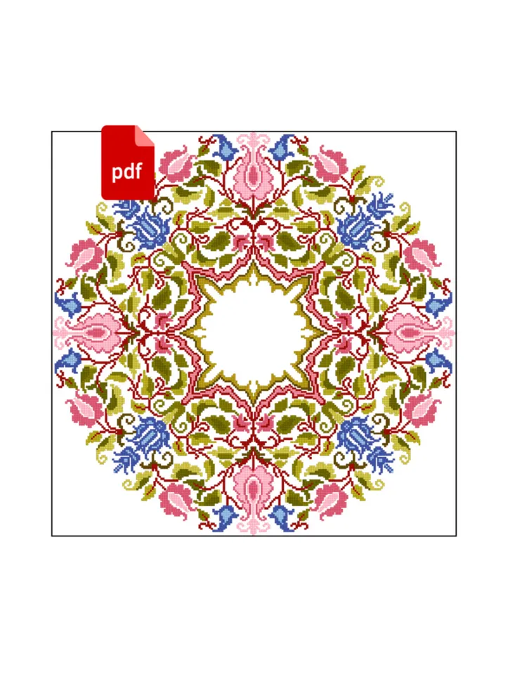 Round Flower Ornament cross stitch pattern for pillow, Vintage flowers cross stitch pattern pdf