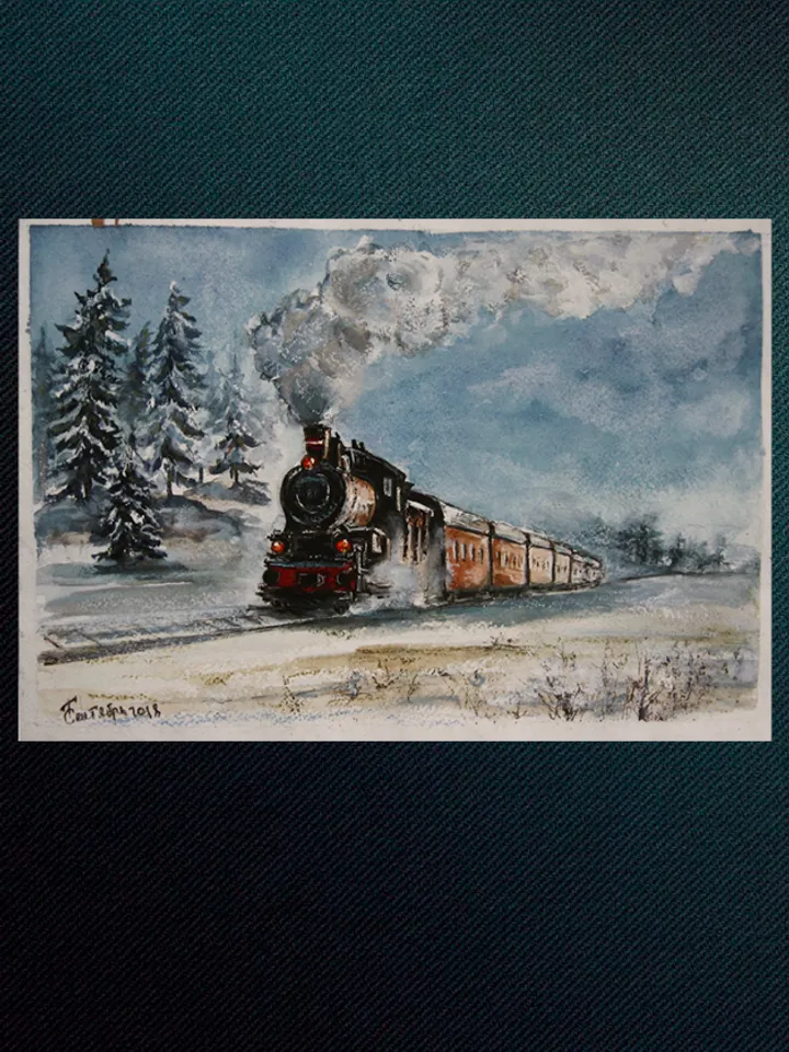 Among the snow. Original watecolor painting winter landscape with a steam locomotive 24x35 cm (9,5 х 13,8 inches)