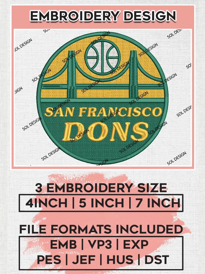 San Francisco Dons College Football Team Logo Embroidery Design Files, NCAA San Francisco Dons Machine Embroidery, NCAA Teams, Game Day, 3 sizes, NCAA Machine embroidery designs, Digital Download