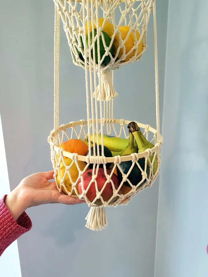 2 Tier Fruit Hammock Macrame Hanging Fruit Basket Kitchen Storage Solution Kitchen Organization Macrame Produce Net Strong Fruit Holder