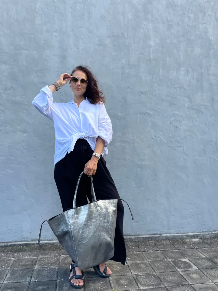 Genuine leather silver tote shopper big bag / everyday purse / handmade bags / designer bags / summer bag / gift for her
