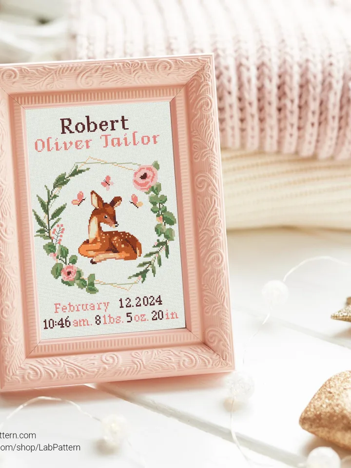 Deer  Birth announcement cross stitch pattern, baby, personalized, boy girl nursery decor, counted, chart, gift DIY, embroidery, instant PDF