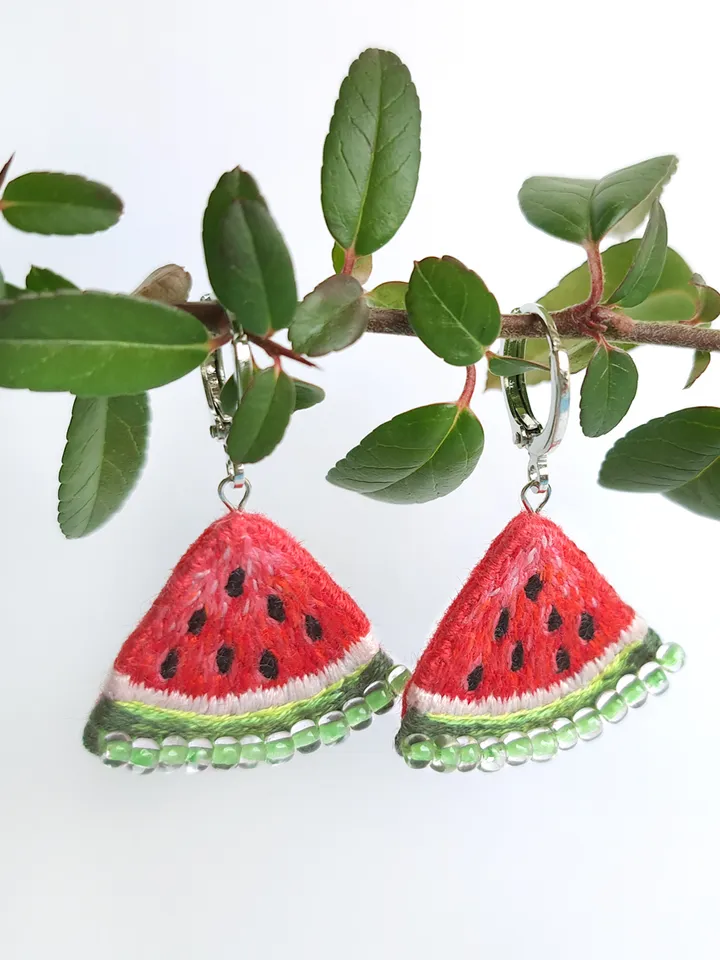 Embroidered Watermelon Slice Earrings Handcrafted Seed Bead Dangles Fun Summer Jewelry Artisan Earrings Quirky Jewelry Accessory Gift