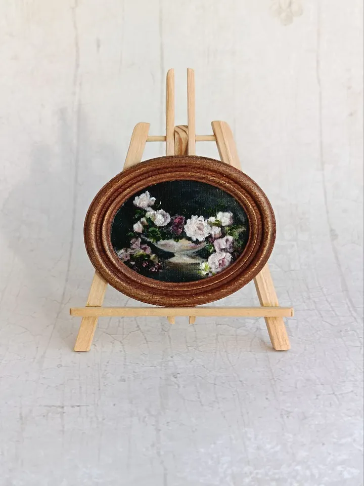 Miniature original oil painting with delicate flowers in vintage style for dollhouses in 1/12, 1/6 scale