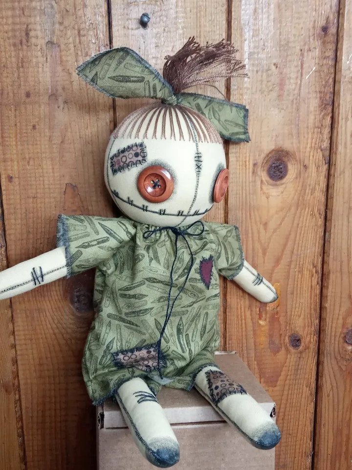 Handmade Doll With Button Eyes (Muddy Green)