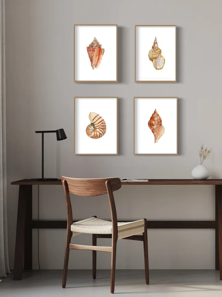 Sea Shell Art, Set Of 4 Art Prints, Watercolor Nautical Painting, Coastal Art Prints, Beach Gift, Seaside Decor, Bathroom Art