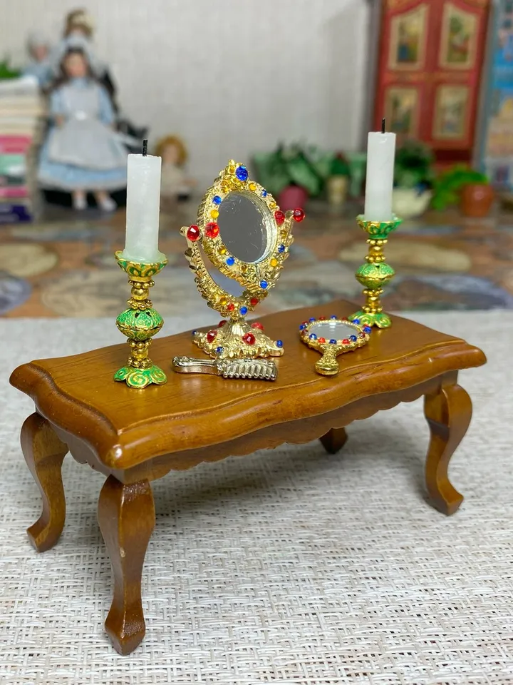 Accessories for a dollhouse in scale 1:12. Table mirror. Candles in candlesticks. Dollhouse miniature.