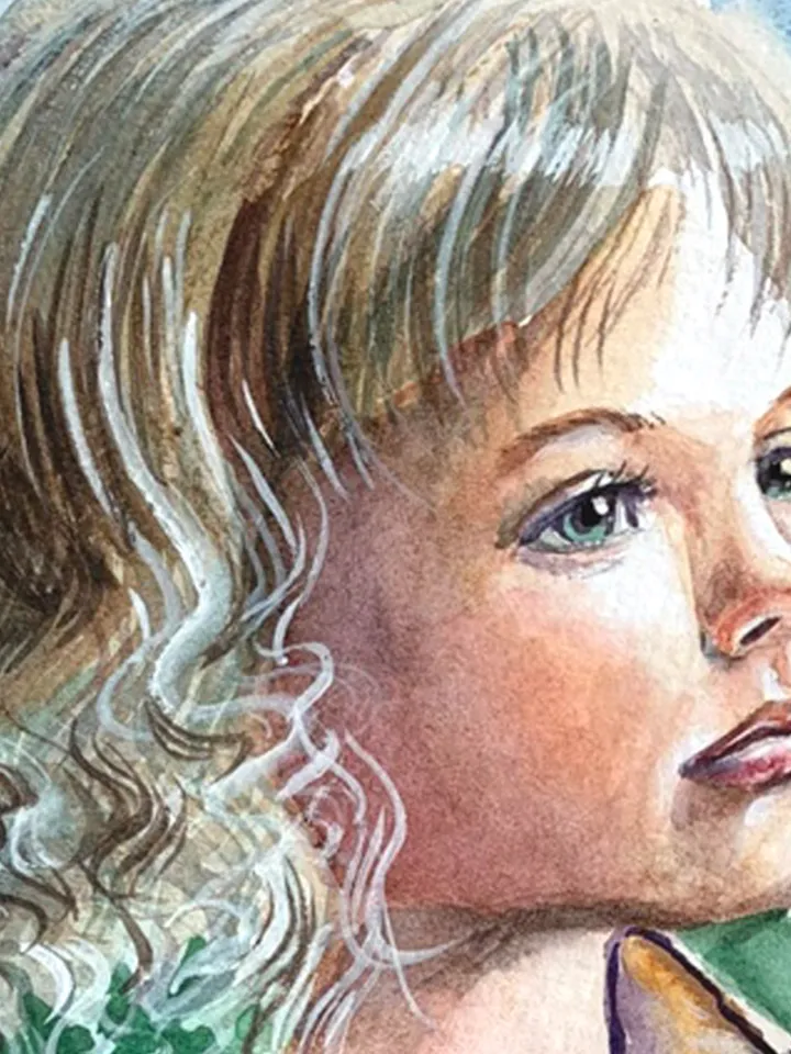 A girl with a kitten, watercolor painting, Portrait of a little girl