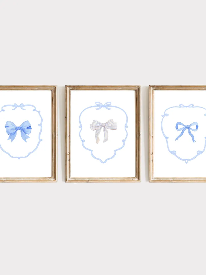 Blue Bow Set Of 3 Watercolor Painting, Nursery Wall Decor, Girls Room Decor, Boys Room Ideas, Coastal Cowgirl Art, Preppy Bow, Blue Girly