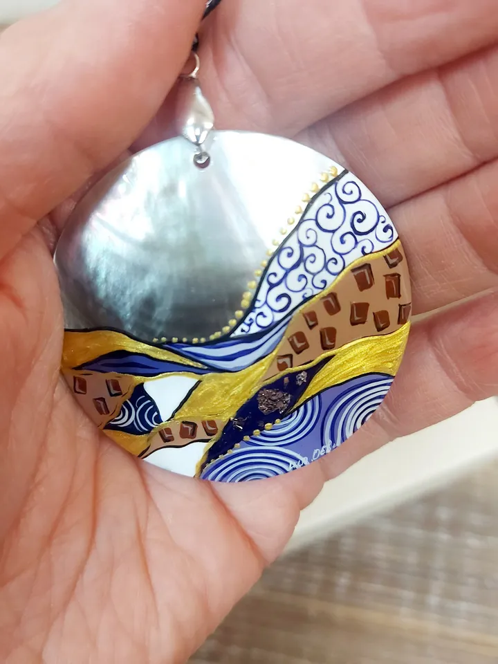 Beautiful Pendant Klimt Mother of Pearl Hand-painted Russian decoration Painting. Jewelry art Art gift Fedoskino Collectible