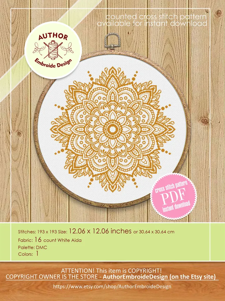 Flower mandala cross stitch pattern PDF download Monochrome cross stitch chart, Simple mandala pattern digital PDF, Mandala ornament #M263