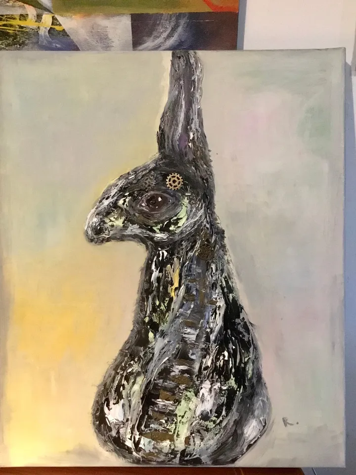 Black bunny,textured oil painting on canvas,black rabbit impasto painting,original oil painting,unique gift,unique kids room decoration