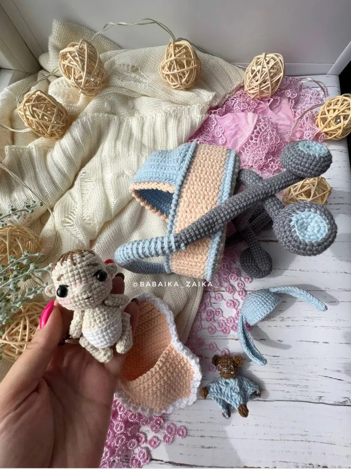 PDF Crochet Pattern Baby Doll in a Baby Carriage, Amigurumi baby doll pattern, Crochet Carriage, Crochet Stroller, Cute teddy bear