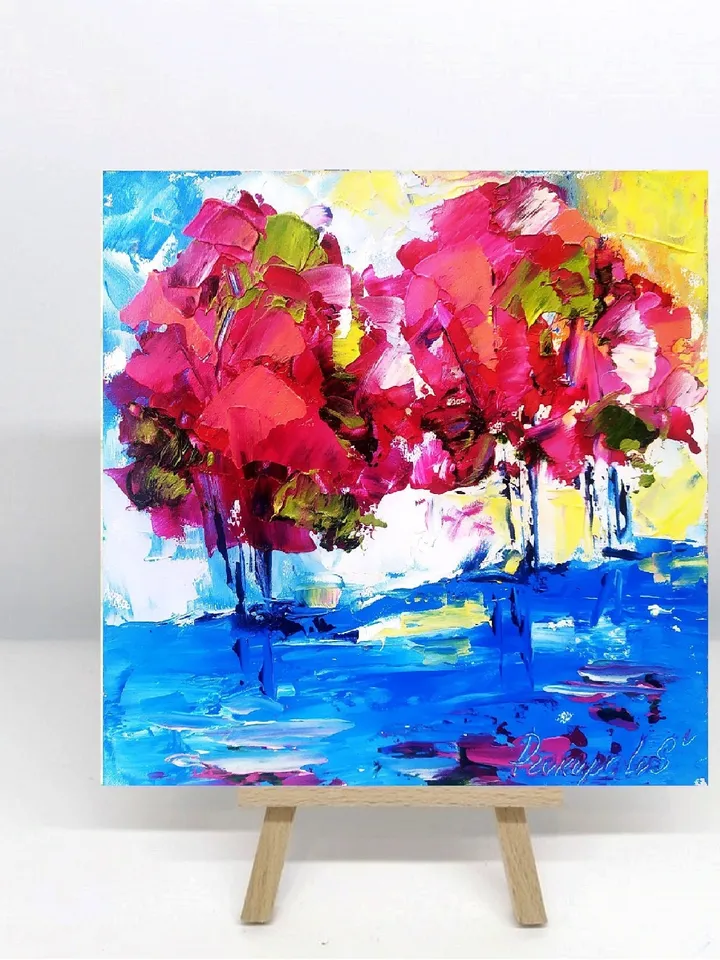 Sakura Tree Painting Original Art Impasto Oil Painting 6x6 Modern Impressionist art Abstract Flower Sakura Tree Cherry Blossom