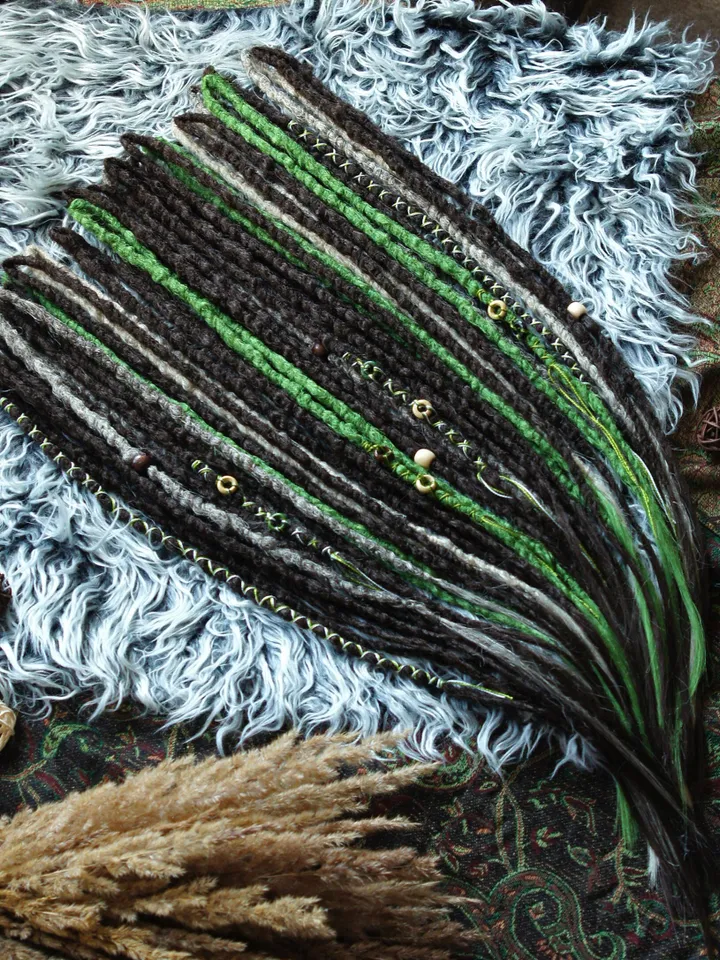 Boho Viking Dreadlock Extensions Handmade Brown Green White Faux Dreads Single or Double Ended with Beaded Wraps Boho Chic Hair Accessories