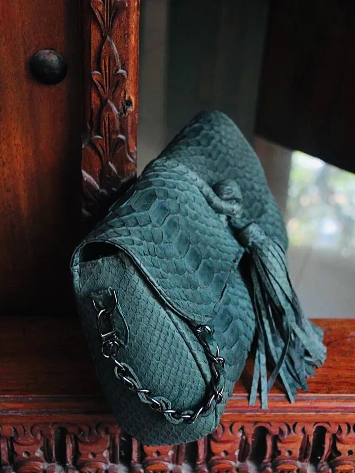 Genuine Python Skin Clutch with tassel |women purse | exotic leather bags | dark green evening clutch | designer crossbody bag handmade