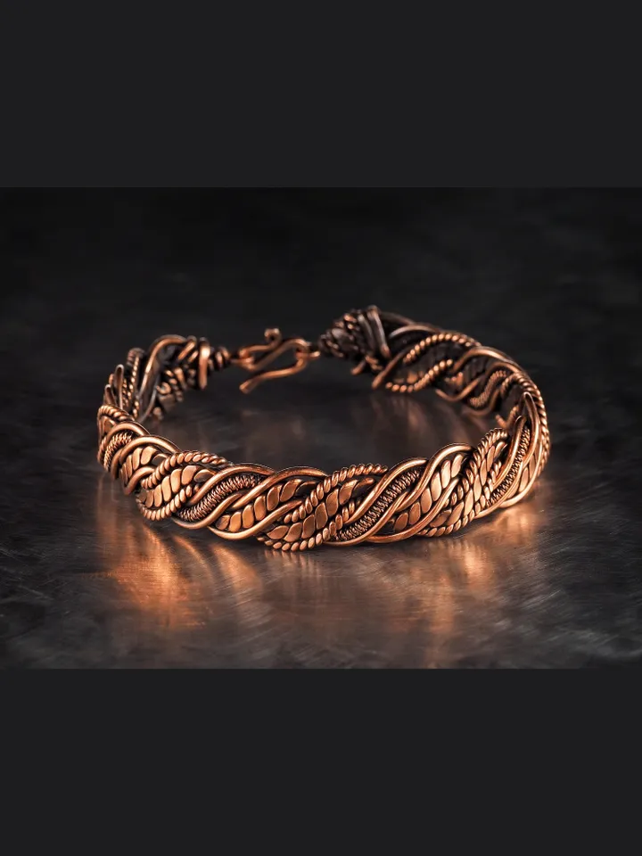 Wire wrapped bracelet, Unique 7th 22nd Anniversary gift idea, Art Nouveau antique style, One of kind braided statement bangle, Handmade oxidized pure copper jewelry, Pain relief, EMF protection