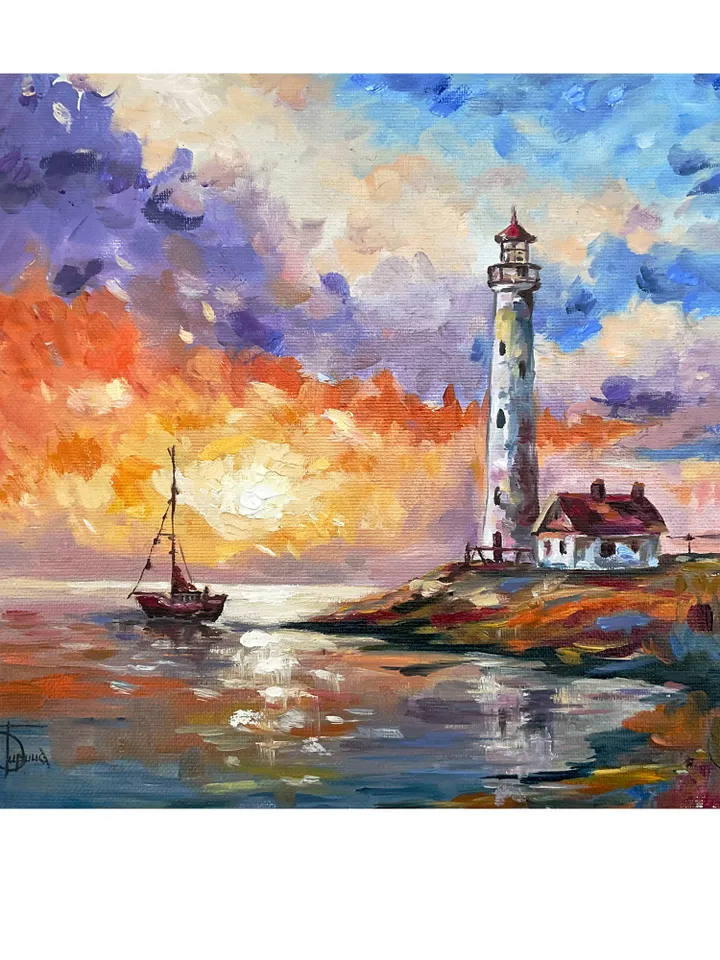Lighthouse at Sunset โ Original Oil Painting, 12x12 Inches, Coastal Wall Art, Nautical Seascape, Ocean Home Decor