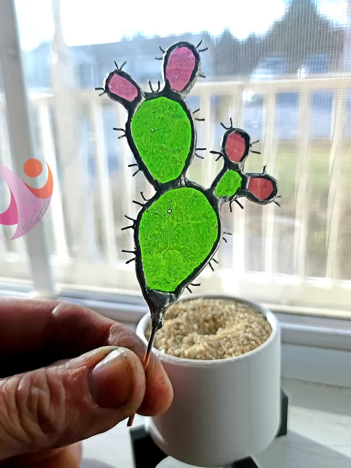 Real Stained Glass Prickly Pear Cactus Suncatcher in Cute Pot for Small Windowsill Paddle Cactus Gift for Plant Lovers No Kill Succulent