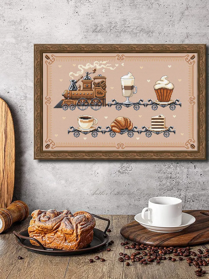 Vintage Coffee Train cross stitch pattern PDF download Coffee cross stitch chart, Coffee lovers home decor, Train pattern digital PDF #F17