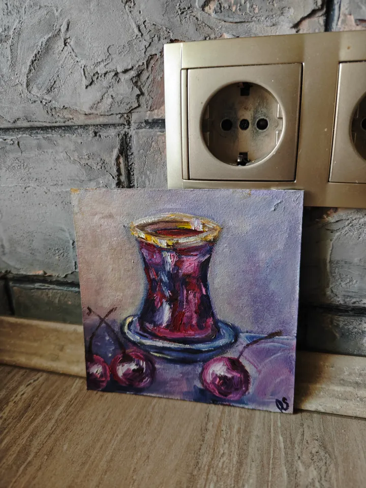 Cherries And Hibiscus Red Tea Original Painting Fruit Original Art Cherries And Glass Red Tea Modern Artwork Bright Cherry Oil Painting Cherry Fruit And Hibiscus Tea Wall Art Decor 5 x 5 inches by OlgaSokolovaArt