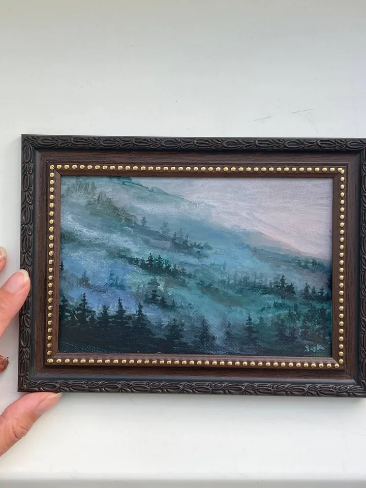 Original Forest Painting Foggy Forest Mountains Small Moody Painting