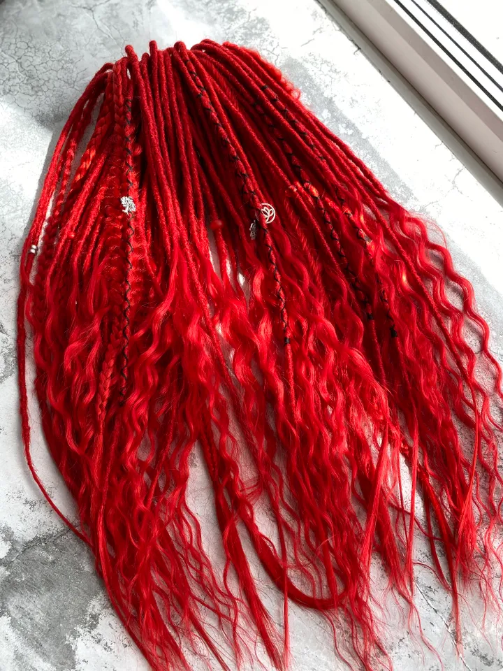 Red synthetic curly Double Ended Dreadlocks, Ready to ship