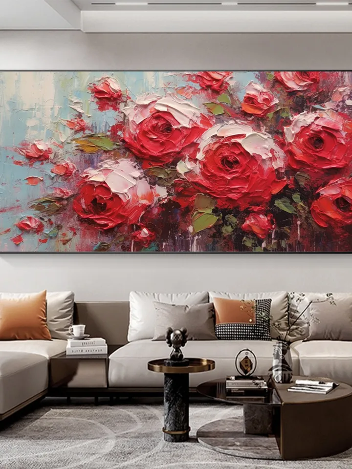 Original Roses Oil Painting On Canvas, Abstract Red Flowers Painting, Large Wall Art, Custom Painting, Living room Wall Decor, Home Decor