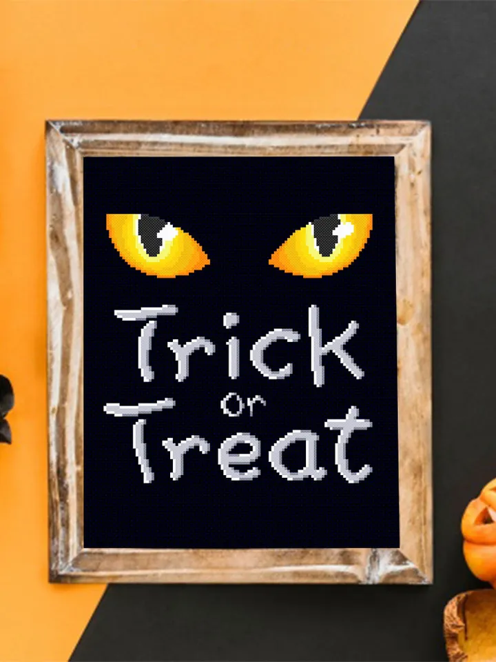 Trick or treat cross stitch pattern PDF download Black cat cross stitch chart, Halloween pattern digital PDF, Cat eyes, Halloween quote #H11