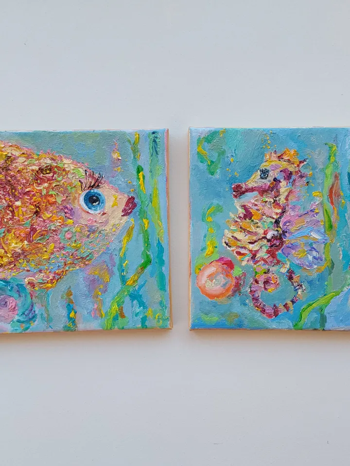"Pink fish" oil painting on canvas 20x20cm (8x8inch)