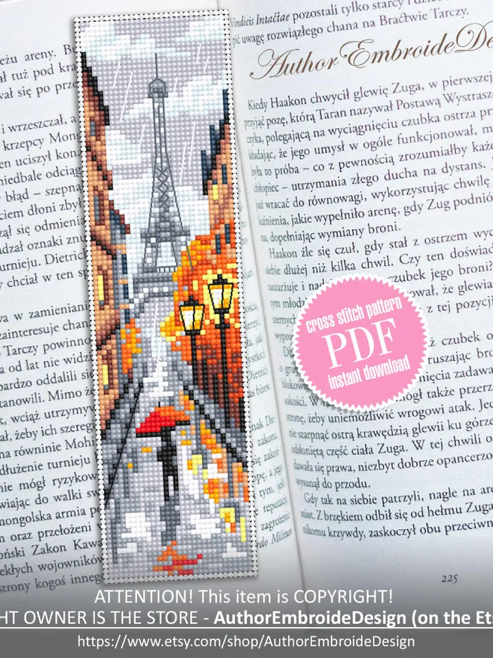 Paris bookmark cross stitch pattern PDF download Autumn Paris cross stitch chart, Needlepoint bookmark pattern digital, Eiffel Tower #B472