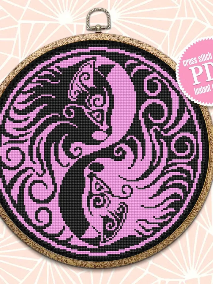 Yin Yang cat cross stitch pattern download PDF Mandala cat embroidery PDF, Yin and yang cross stitch chart, Cat lover gift, Home decor #M105