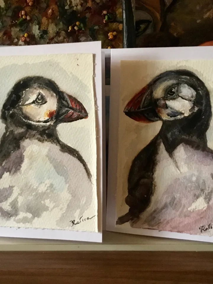 Puffins greeting cards,handpainted watercolour cards,original watercolour paintings,unique handmade gifts,small birds watercolor paintings .