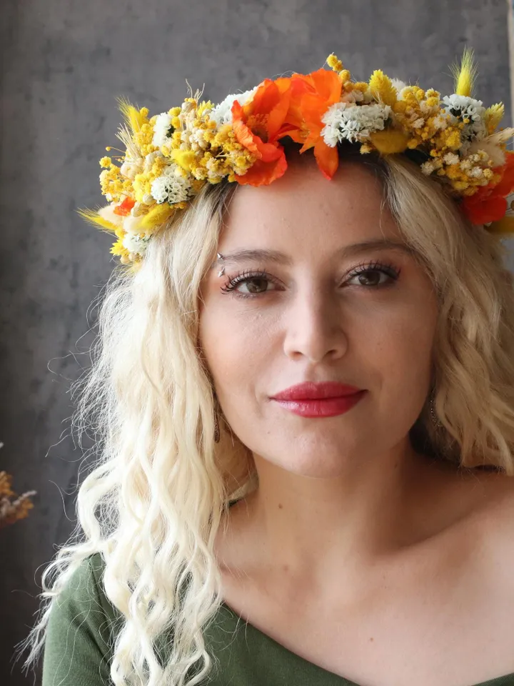 poppy flower crown,Singles Day,Yellow and orange wedding crown,birthday crown, dried flower crown, personalized gift,