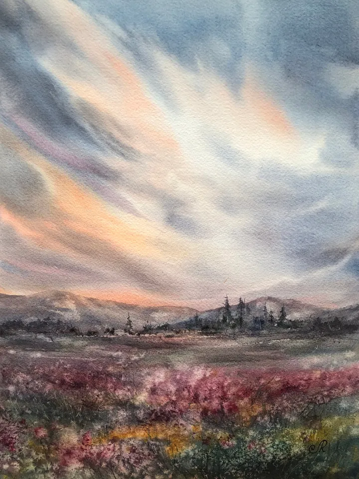 Field Painting Original Watercolor Painting Sunset Painting Landscape Wall Art Sky Painting