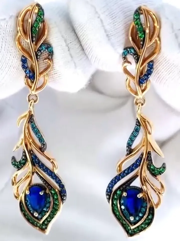 Women's earrings, 925 gold plated silver, Peacock feathers with blue and green cubic zirconia, bird of happiness